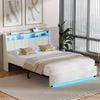Oikiture Metal Bed Frame Double Size Headboard LED Lights USB Charge Linen Beige
