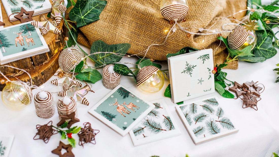 a display of Christmas Coasters
