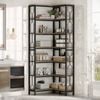 OAKORY 7-Tier Hexagonal Corner Bookshelf 200cm with Railings Black Metal Frame, Grey Wood Shelves