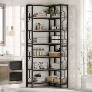 Oakory 7-tier Hexagonal Corner Bookshelf 200cm With Railings Black Metal Frame, Grey Wood Shelves