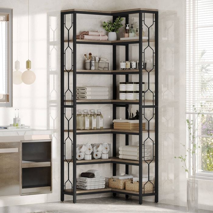 OAKORY 7-Tier Hexagonal Corner Bookshelf 200cm with Railings Black Metal Frame, Grey Wood Shelves