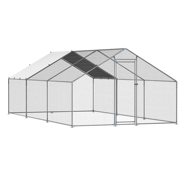 VEVOR 300x600x200cm Metal Chicken Coop with Cover Spire Roof Security Lock for Backyard