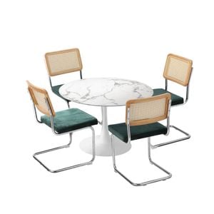 Oikiture 5PCS Dining sets 90cm Round Dining Table with Dining Chairs Velvet White&Green