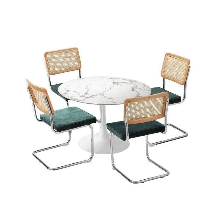 Oikiture 5PCS Dining sets 90cm Round Dining Table with Dining Chairs Velvet White&Green