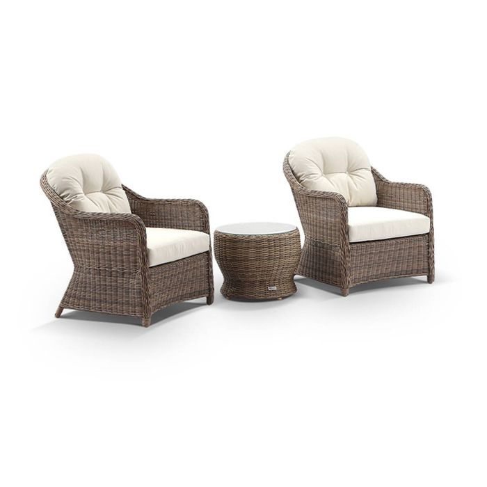 Plantation Outdoor Wicker Patio Set Brushed Wheat With Side Table & Cream Cushions