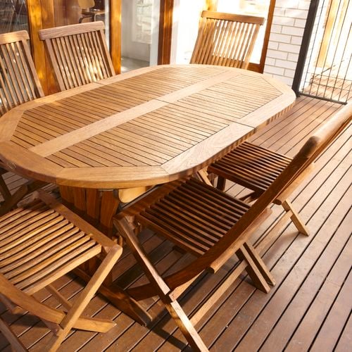 Six seater outdoor timber setting on timber decking