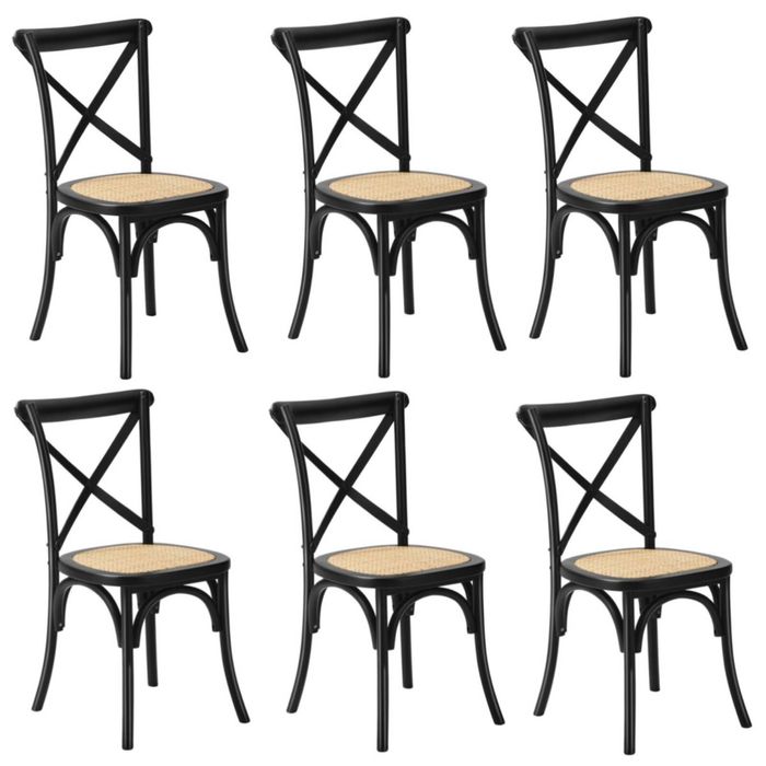 Oikiture 6PCS Crossback Dining Chair Solid Birch Timber Wood Ratan Seat Black