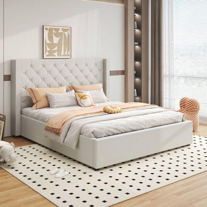 Bed Frame  Winged Grey Fabric with gas lift metal structure