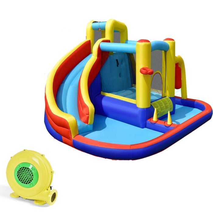 Costway 7-in-1 Inflatable Water Park Curved Water Slide Bounce Castle W/680w Blower