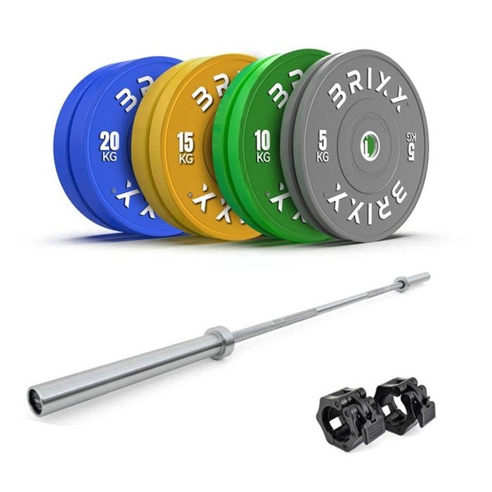 Brixx 100kg Pro Colour Olympic Bumper Plates + 20kg Barbell