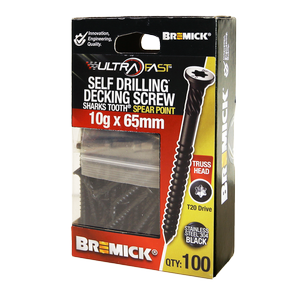 Bremick Ultrafast 10g x 65mm Stainless Steel 304 Black T20 Truss Head -100 Pack  