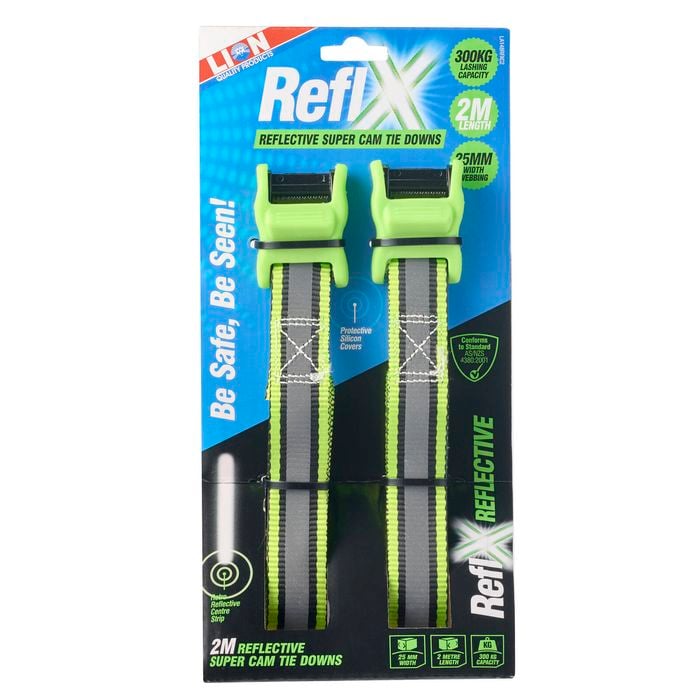 Lion 2m 300kg Lashing Capacity Reflx Super Cam Tie Down - 2 Pack