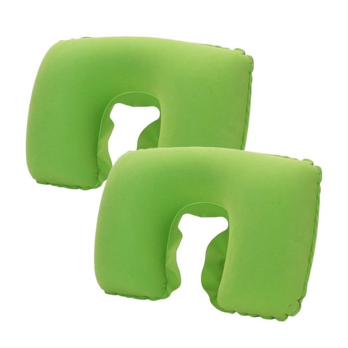 Catzon 2 Pcs Inflatable U-Shaped Pillow Flocked Fabric-Green