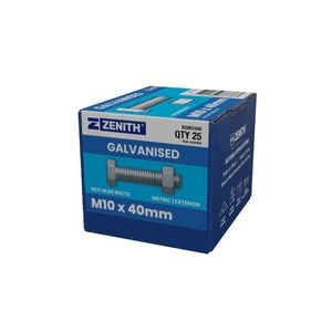 ZENITH M10 x 40mm Hot Dip Galvanised Hex Head Bolts and Nuts - 25 Pack
