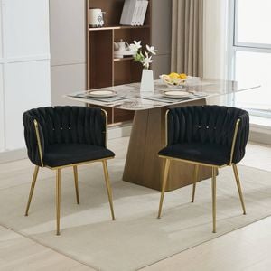 Homfurn Set of 2 Velvet Upholstered Woven Dining Chairs with Golden Metal Legs