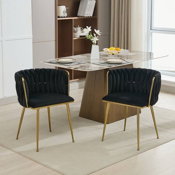 Homfurn Set of 2 Velvet Upholstered Woven Dining Chairs with Golden Metal Legs