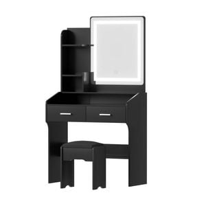 Dressing Table with Mirror Lights, LED Mirror Makeup Stool Set Wood Vanity Desk Chair, Drawers Shelves Tabletop, Black