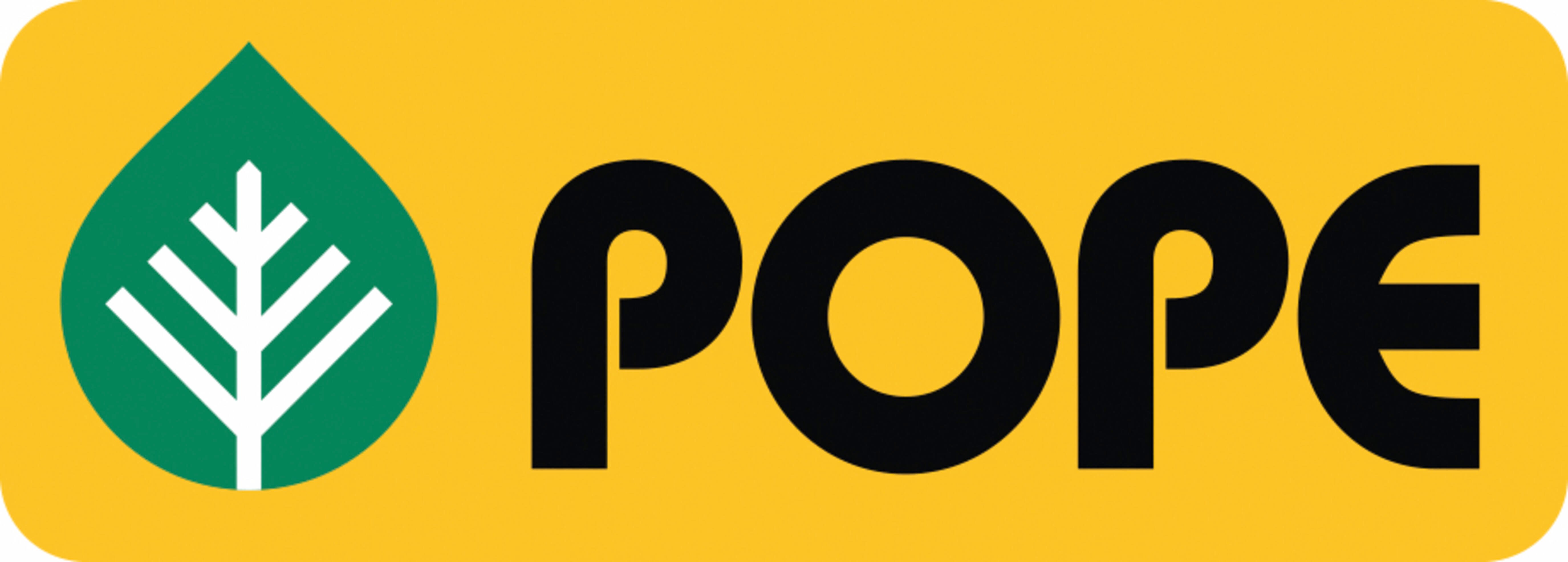 Pope logo with a white tree in a green leaf and bold black text on a yellow background.