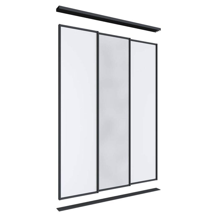 Lugna 2400 x 1800mm Black 1 Mirror 2 Melamine Wardrobe Triple Sliding Doors
