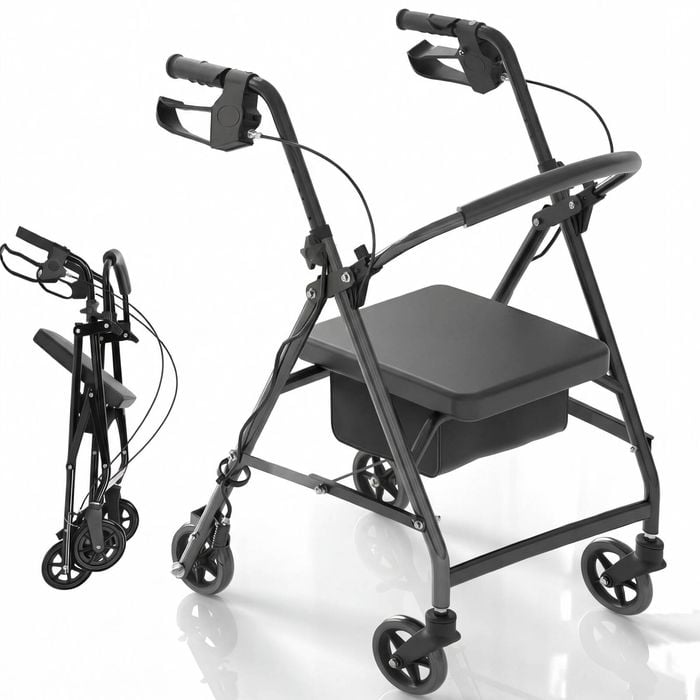 Advwin Foldable Rollator Walker Lightweight Mobility Aid 4-Wheels with Seat for Seniors