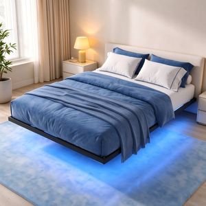 Advwin Floating Bed Frame Double with LED Lights Black Metal Platform Base