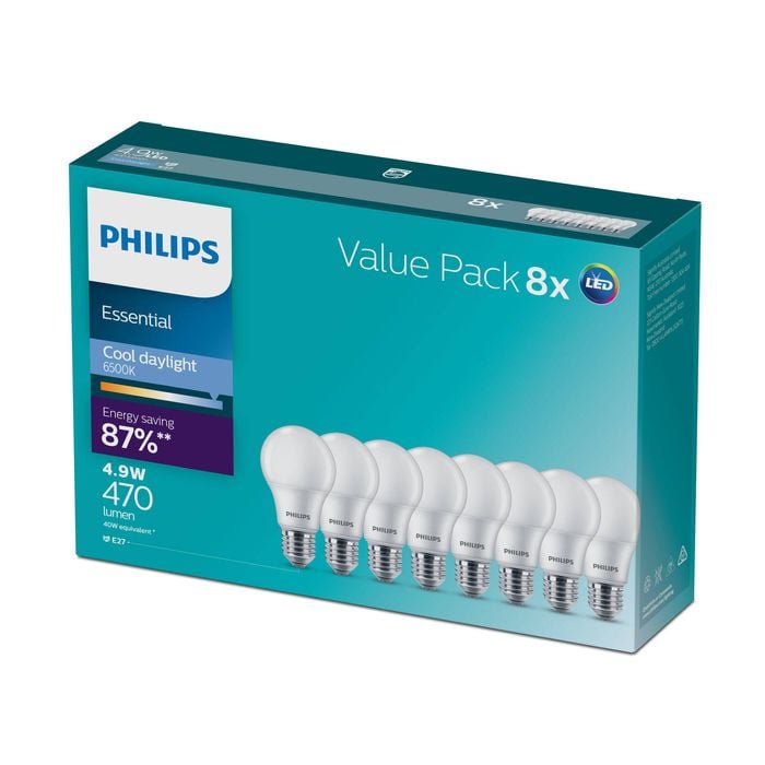 Philips A60 E27 LED 470Lm Cool Daylight 4W Globe - 8 Pack