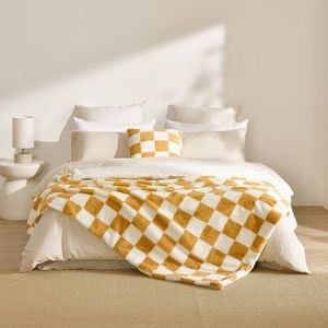 Dreamaker Checkered Plush Throw Blanket Chai & Cream - 180 x 200cm