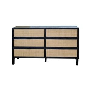 Roomlane Colton Chest of Drawers - Black Mango Wood and Rattan 6 Drawers