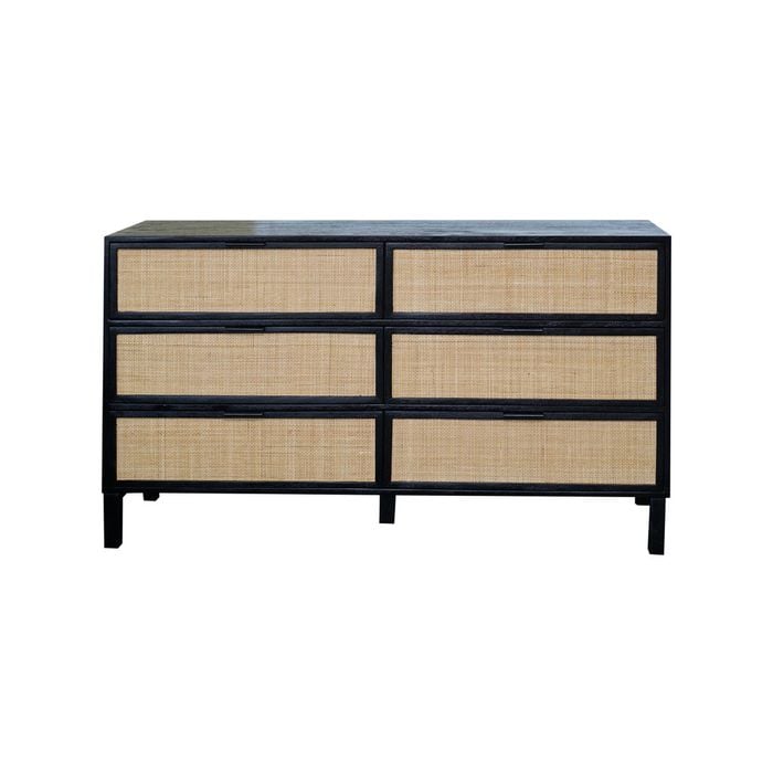 Roomlane Colton Chest of Drawers - Black Mango Wood and Rattan 6 Drawers