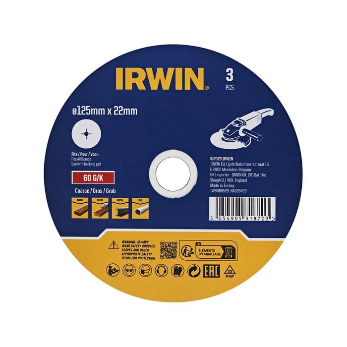 IRWIN 125mm 60 Grit Fibre Sanding Disc - 3 Pack