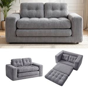 Ufurniture 142cm Convertible 2 Seater Sofa Bed w/ 2 Pillow Boneless Corduroy Loveseat Floor Sleeper Sofa Grey