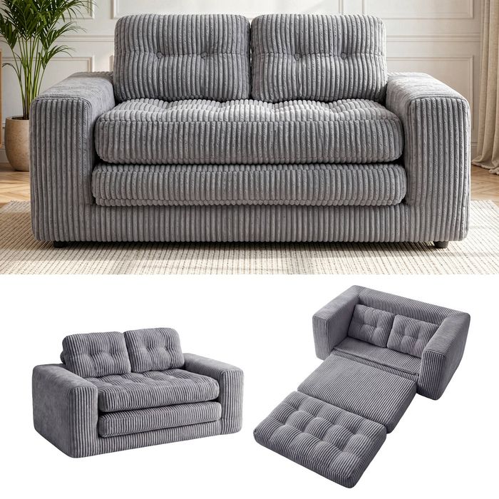Ufurniture 142cm Convertible 2 Seater Sofa Bed w/ 2 Pillow Boneless Corduroy Loveseat Floor Sleeper Sofa Grey