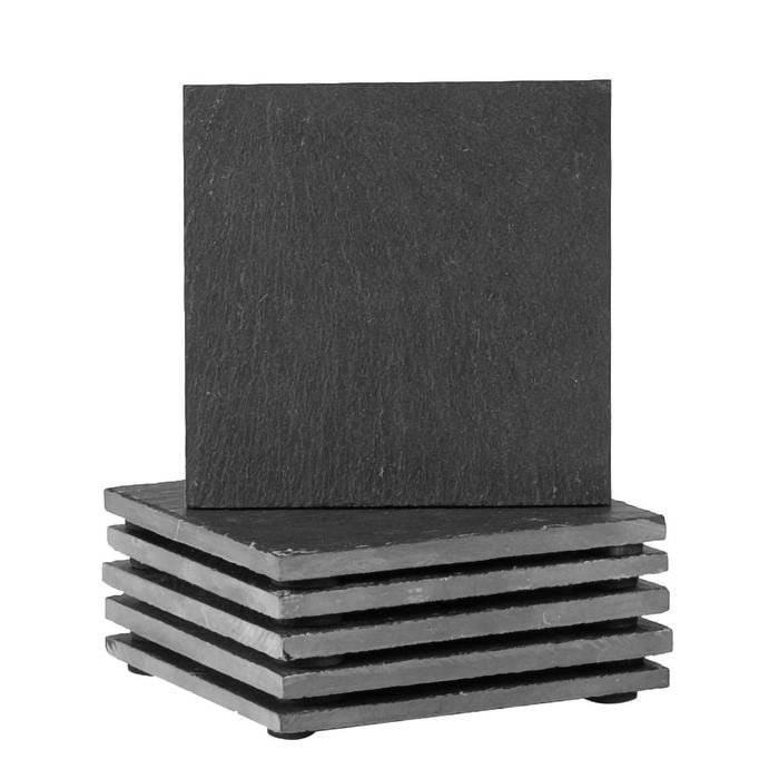 Argon Tableware 6x Linea Slate Coasters - Square Drink Coasters Black Stone Natural Slate Smooth Edge Drink Mat Cup Mats