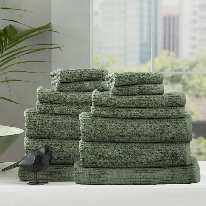 14pc Renee Taylor Cobblestone 650gsm Cotton Ribbed Towel Sage