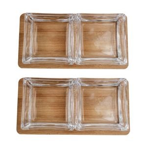 2x 2pc NF Living Glass Serving Set Square Bowls Bamboo Tray 20x10cm Solid Clear