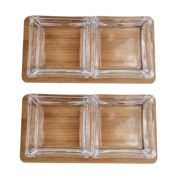 2x 2pc NF Living Glass Serving Set Square Bowls Bamboo Tray 20x10cm Solid Clear