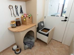 A neatly organised pet space features leashes on hooks, jars of treats, a basket of toys, a cozy pet bed, and food and water bowls on the floor.