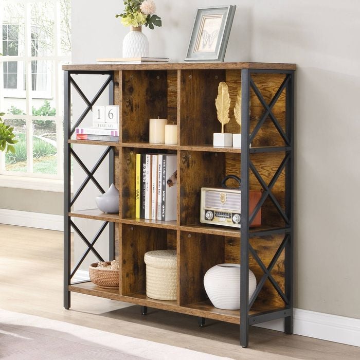 HOMFURN 9 Cube Storage Bookshelf, Industrial 4 Shelf Book Shelf, Brown
