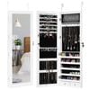 Costway Mirror Jewellery Cabinet Wooden Makeup Organiser Wall Mounted White