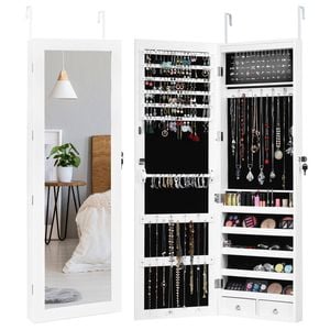 Costway Mirror Jewellery Cabinet Wooden Makeup Organiser Wall Mounted White