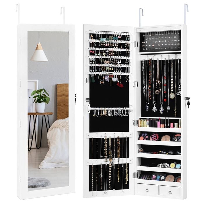 Costway Mirror Jewellery Cabinet Wooden Makeup Organiser Wall Mounted White