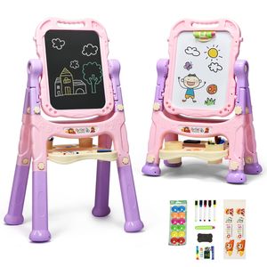 Costway Kids Art Easel Standing Drawing Board Double Sided Chalkboard-Pink