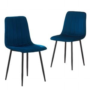 BRIBRION x2 Dining Chairs with Black Metal Legs Upholstered Velvet Seats Channel Back Modern Kitchen Blue