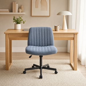 Oakory Armless Office Chair With Wide Fabric Seat, Reclining Swivel Desk Chair With Wheels, Cross Metal Base Blue