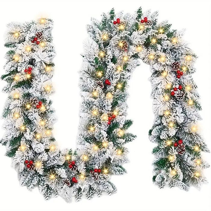 Lifebay Faux Vine Garland with 50 LED Lights & Red Berries
