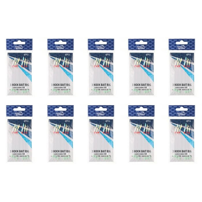 10x 2PK Jarvis Walker 3 Hook Bait Rigs 15lb Main Line & 9lb Branch Line - Size 4