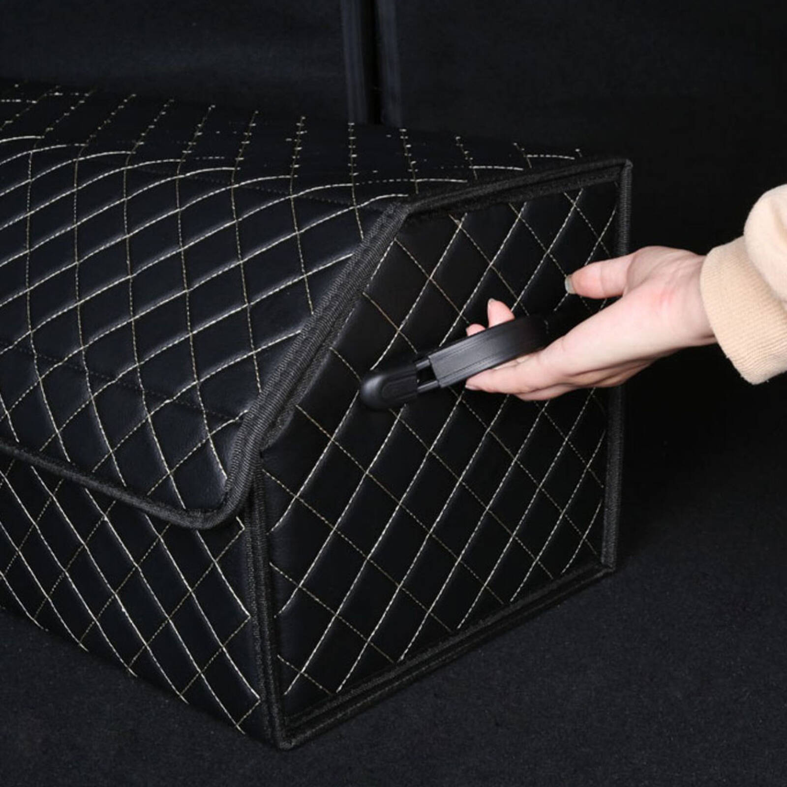 SOGA Leather Car Boot Collapsible Foldable Trunk Cargo Organizer Portable Storage Box Black White Stitch Medium Bunnings Australia