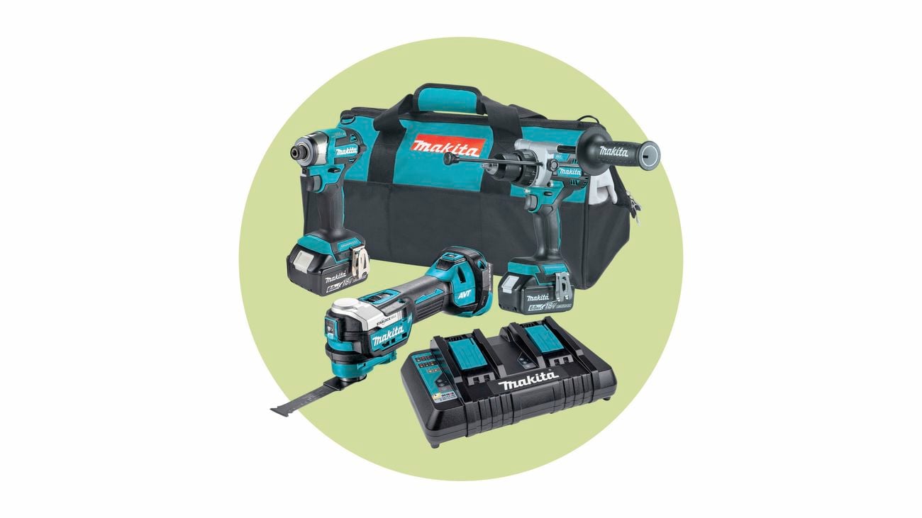 Makita four-piece power tools combo kit with a duffle bag and batteries on a light green background.