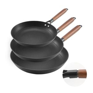 VEVOR 205-310mm Cast Iron Skillet 3-Piece Frying Pan Set Black with Detachable Wood Handle