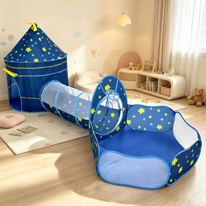 Ufurniture 3-in-1 Kids Play Tent with Ball Pit and Crawling Tunnel Basketball Hoop Foldable Pop-Up Kids Playhouse Blue